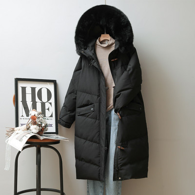 Γυναικείο μακρύ μπουφάν με κουκούλα και τσέπες