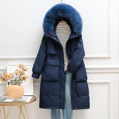 Geaca lunga de dama pentru iarna cu puf pe gluga