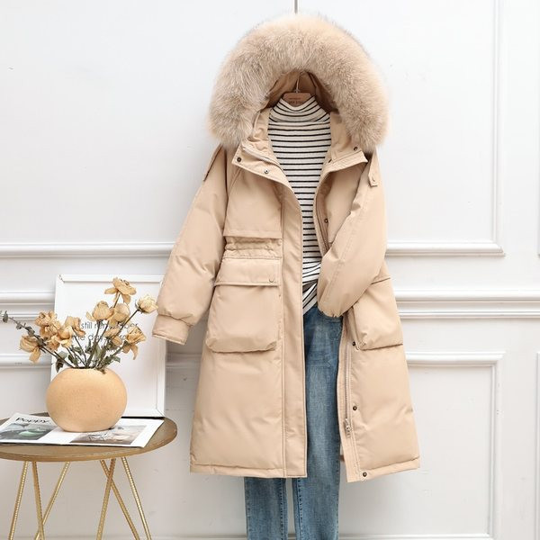 Geaca lunga de dama pentru iarna cu puf pe gluga