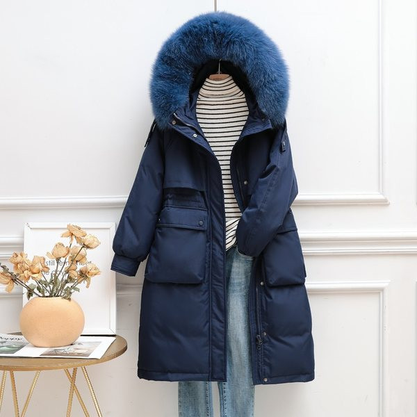 Geaca lunga de dama pentru iarna cu puf pe gluga