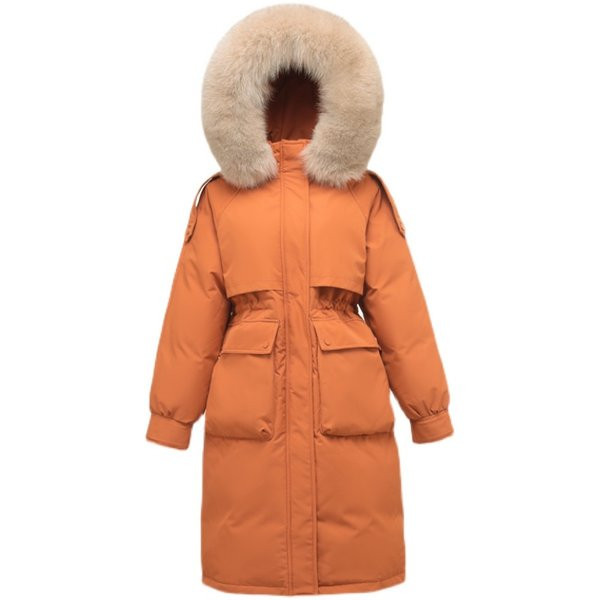 Geaca lunga de dama pentru iarna cu puf pe gluga