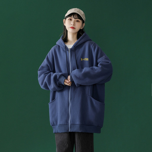 Καθημερινό φαρδύ μοντέλο φούτερ με φερμουάρ και κουκούλα