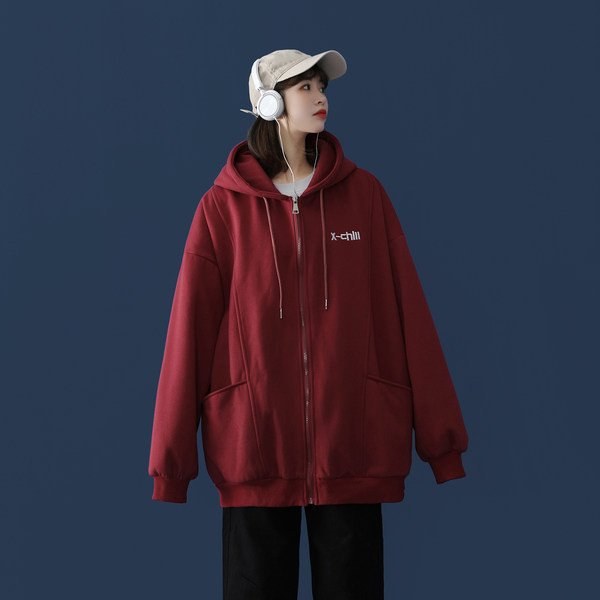 Καθημερινό φαρδύ μοντέλο φούτερ με φερμουάρ και κουκούλα