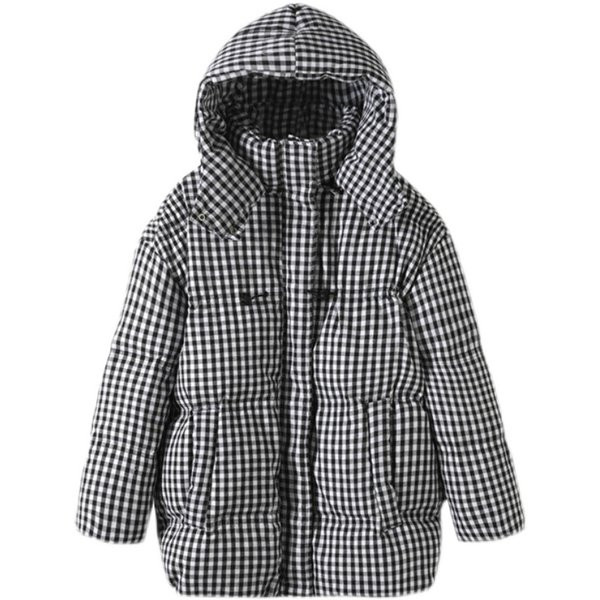 Ženska široka karirana jakna s kapuljačom i džepovima