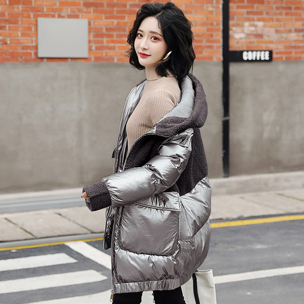 Palton cald argintiu stralucitor cu buzunare mari si puf