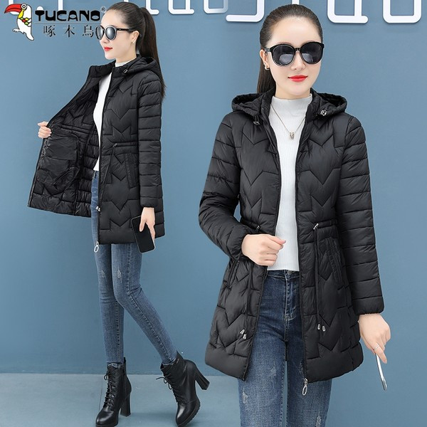 Duga ženska jakna s kapuljačom i vezicama