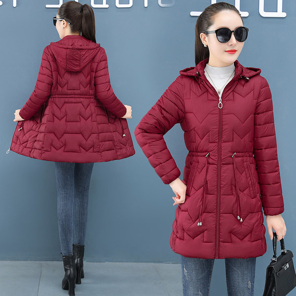 Duga ženska jakna s kapuljačom i vezicama