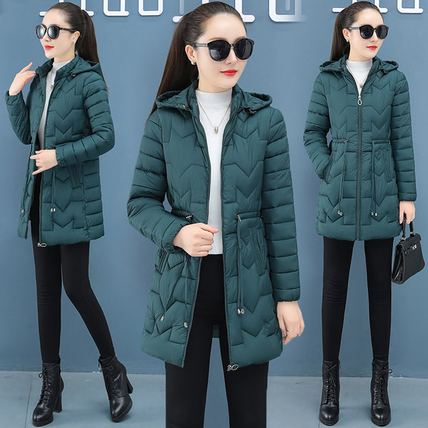 Duga ženska jakna s kapuljačom i vezicama