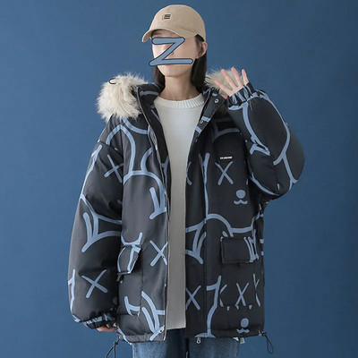 Φαρδύ μοντέλο γυναικείο μπουφάν με κουκούλα από eco γουνα και απλικέ