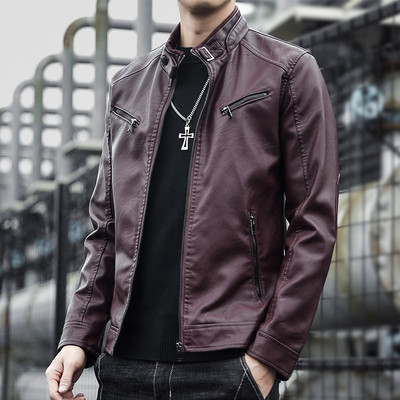 Geacă modernă de piele pentru bărbați cu fermoare