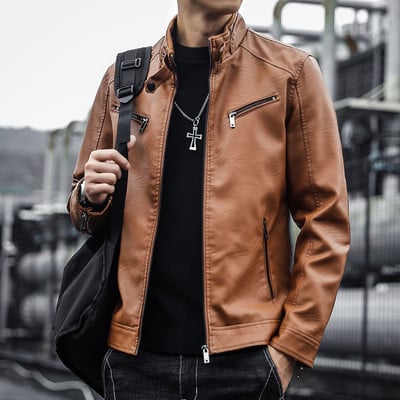 Geacă modernă de piele pentru bărbați cu fermoare