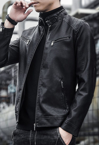 Geacă modernă de piele pentru bărbați cu fermoare