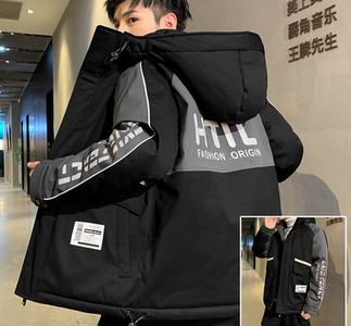 Ανδρικό χειμερινό μπουφάν με επιγραφή κουκούλας και τσέπες