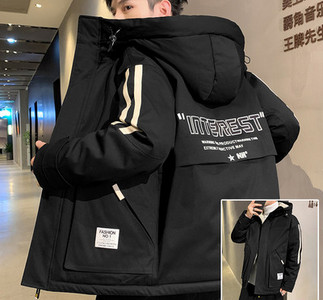 Ανδρικό χειμερινό μπουφάν με επιγραφή κουκούλας και τσέπες