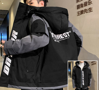 Ανδρικό χειμερινό μπουφάν με επιγραφή κουκούλας και τσέπες