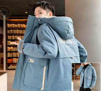 Ανδρικό χειμερινό μπουφάν με επιγραφή κουκούλας και τσέπες