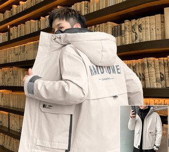 Ανδρικό χειμερινό μπουφάν με επιγραφή κουκούλας και τσέπες