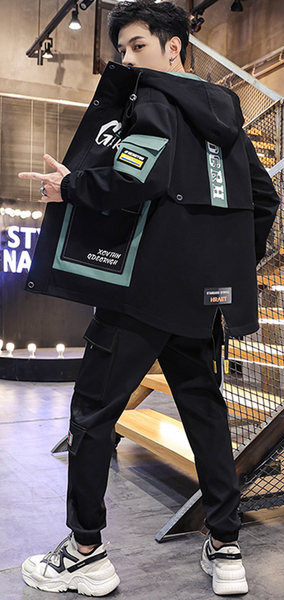 Jachetă modernă pentru bărbați de lungime medie, cu inscripții și glugă