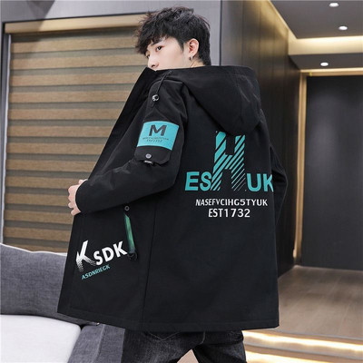 Ανδρικό μπουφάν καθημερινά με επιγραφές και κουκούλα