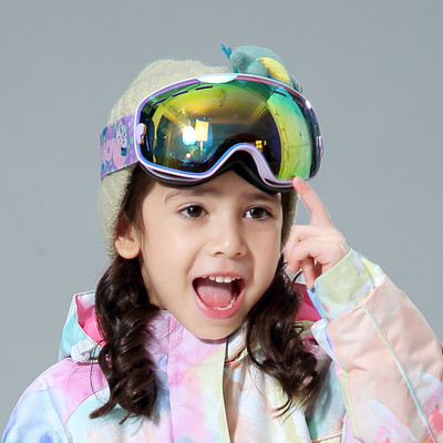 Children`s goggles for skiing and snowboarding with a spherical anti-fog shape