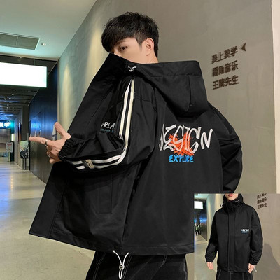 Φαρδύ μοντέλο φθινοπωρινό μπουφάν για άνδρες με κουκούλα και έγχρωμη εκτύπωση