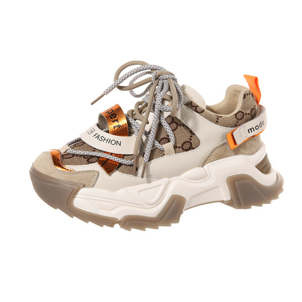 Μοντέρνα γυναικεία αθλητικά παπούτσια με ψηλή σόλα σε μπεζ και μαύρο χρώμα