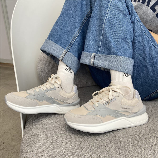 Γυναικεία sneakers με κορδόνια σε μπλε και μπεζ χρώμα