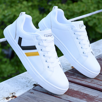 Ανδρικά έκο δερμάτινα αθλητικά παπούτσια με επίπεδη σόλα - λευκό χρώμα