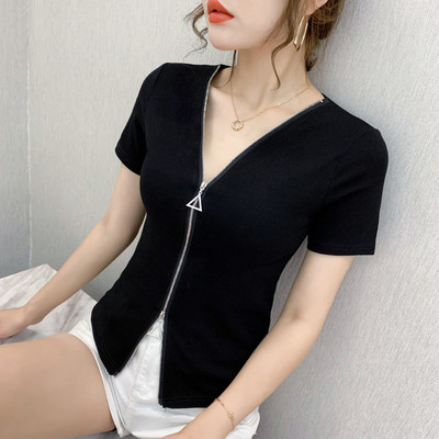 Ženska ležerna bluza s patentnim zatvaračem i špic izrezom