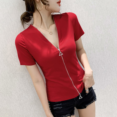 Ženska ležerna bluza s patentnim zatvaračem i špic izrezom