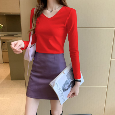 Ženska jednobojna bluza dugih rukava dva modela sa ovalnim i V izrezom