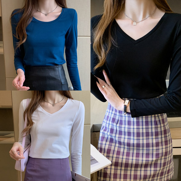 Ženska jednobojna bluza dugih rukava dva modela sa ovalnim i V izrezom