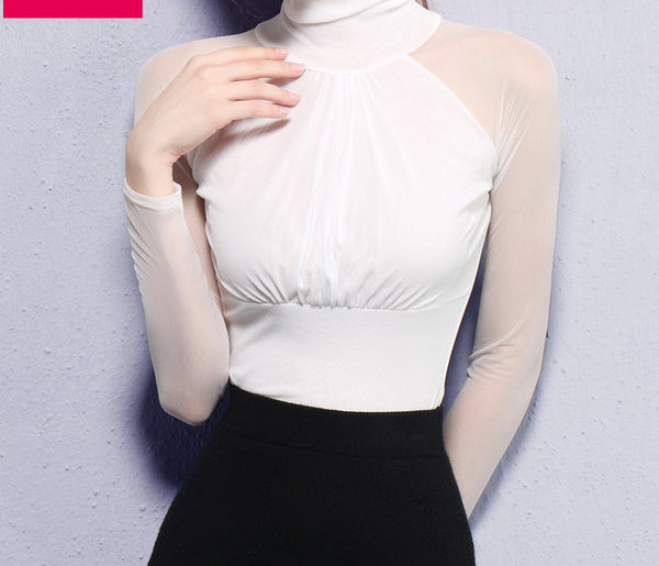 Võrkvarrukate ja kõrge kraega naiste pluus