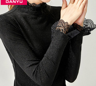 Ženska svjetlucava polo majica s čipkom, pripijeni model s dugim rukavima