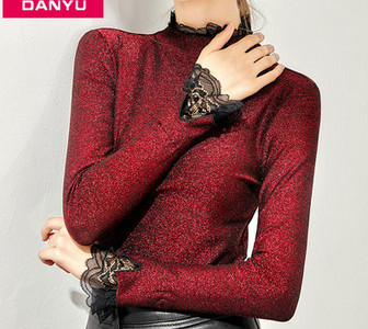 Ženska svjetlucava polo majica s čipkom, pripijeni model s dugim rukavima