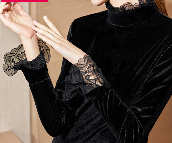 Ženska bluza s čipkom i visokim ovratnikom