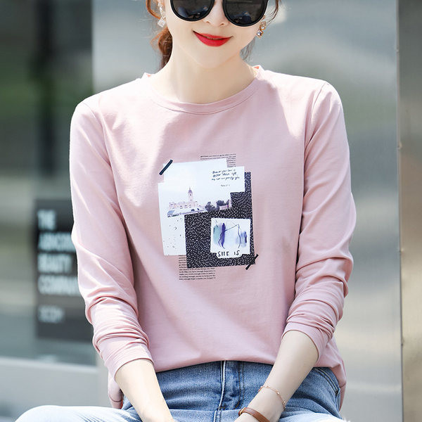 Bluză de toamnă din bumbac cu mâneci lungi și imprimeu color