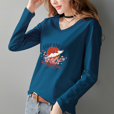 Γυναικεία μπλούζα με μακριά μανίκια V λαιμόκοψη και πολύχρωμη απλικέ