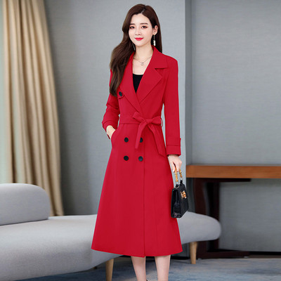 Moderan ženski dugi kaput s remenom ravni model