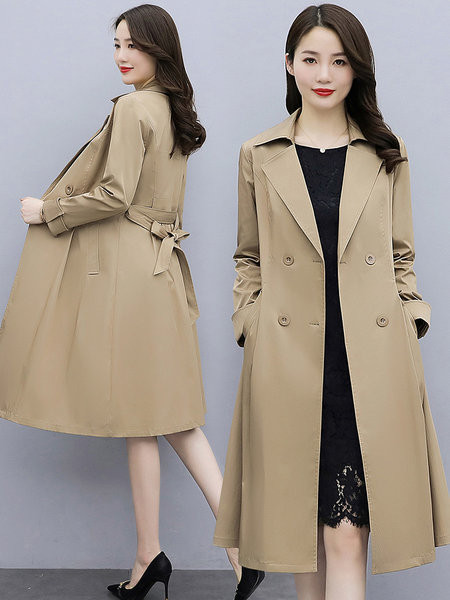 Palton lung de dama cu curea bej