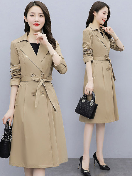 Palton lung de dama cu curea bej