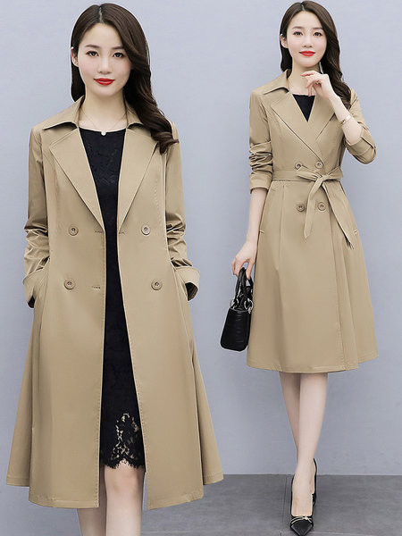 Palton lung de dama cu curea bej