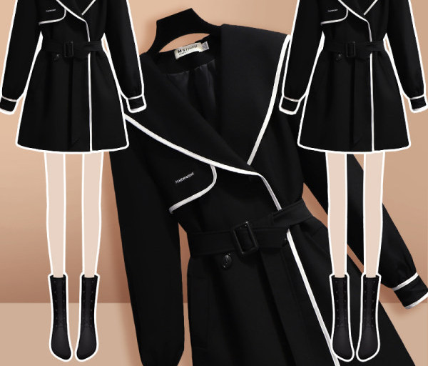 Ženski elegantni kaput s remenom u crnoj boji