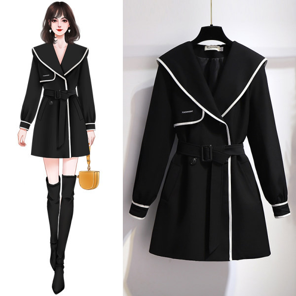 Ženski elegantni kaput s remenom u crnoj boji