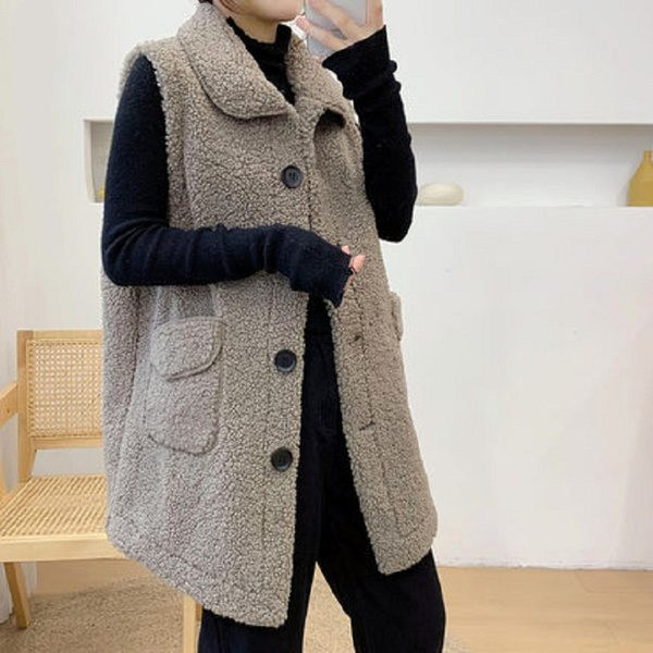 Vestă lungă de pluș de damă cu guler clasic