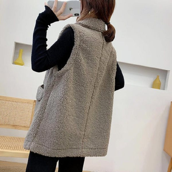 Vestă lungă de pluș de damă cu guler clasic
