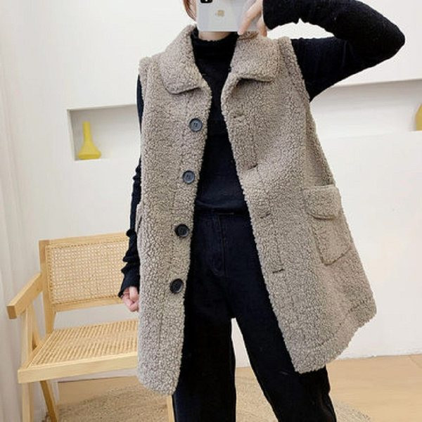 Vestă lungă de pluș de damă cu guler clasic