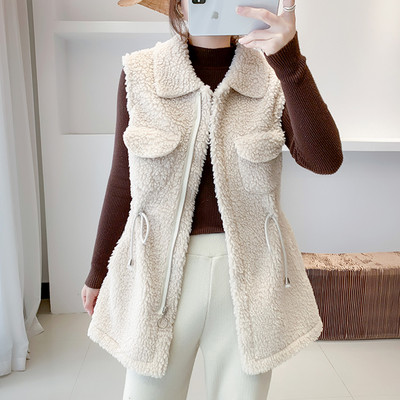 Vesta de pluș de damă cu cravate și fermoar