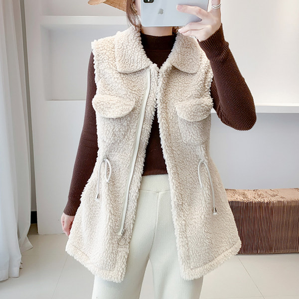 Vesta de pluș de damă cu cravate și fermoar