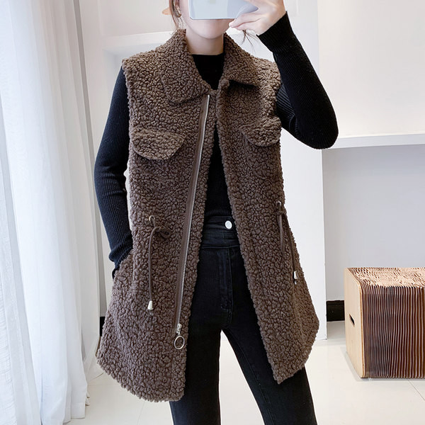 Vesta de pluș de damă cu cravate și fermoar